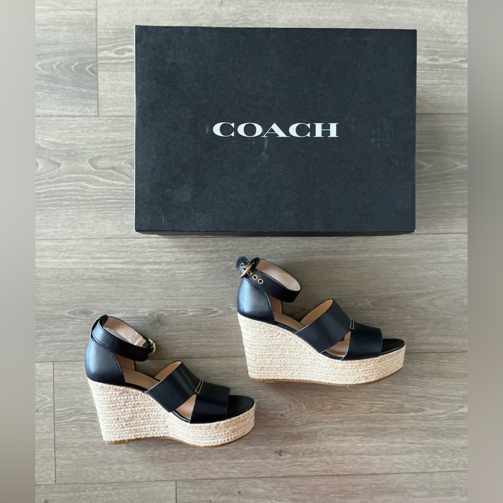 Coach Black Leather Espadrille Wedge Sandals